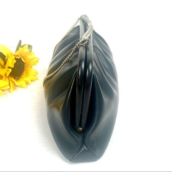 VTG 70s Black Vinyl Clutch Evening Bag Chain Strap - Picture 7 of 15